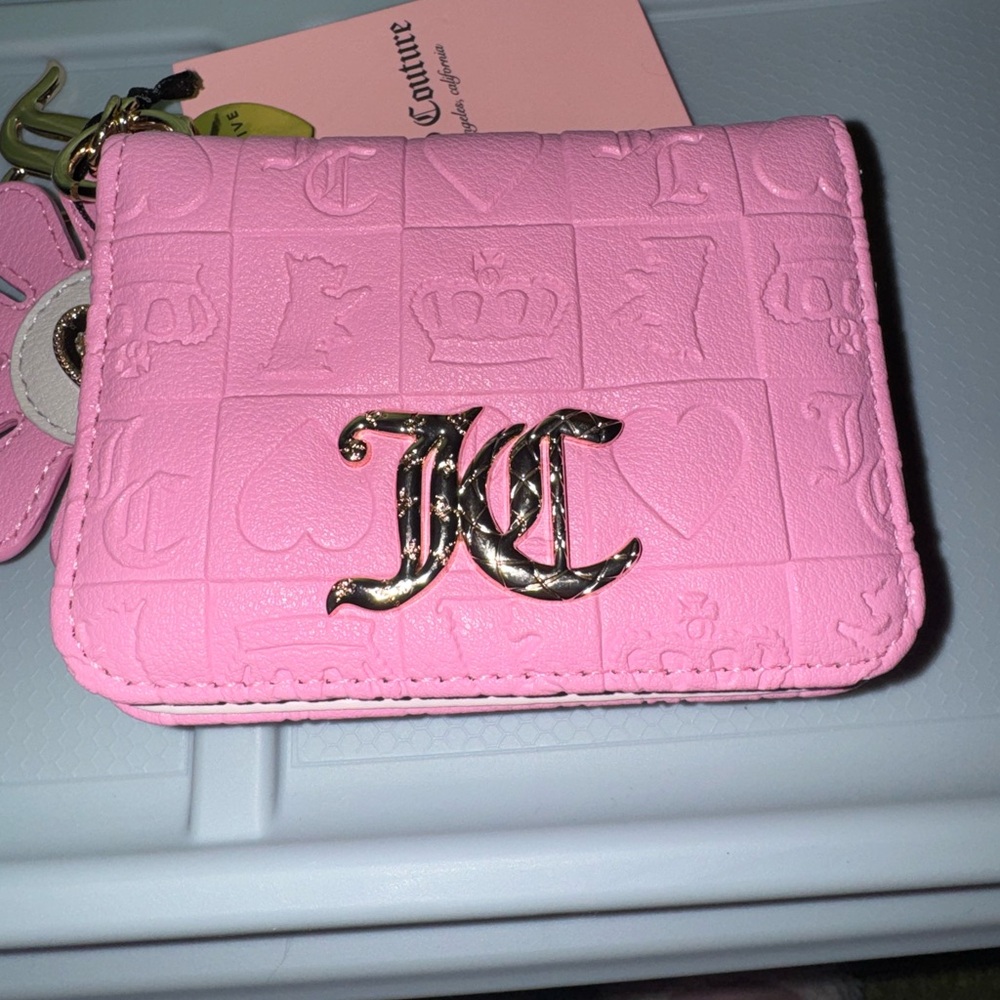 Juicy Couture Pink Floral Keychain Wallet with Gold Heart Accent